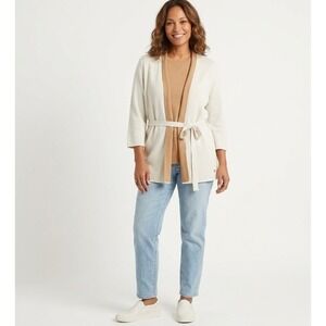 Basler White Tan Open Front Soft Knit Open Front‎ Belted Cardigan size 12 Preppy